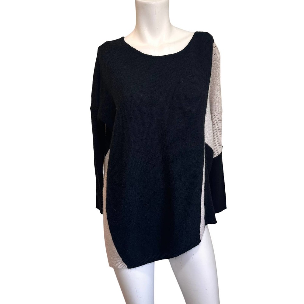 Velvet Cashmere Color Blocked Black & Tan Asymmetrical Sweater sz XS